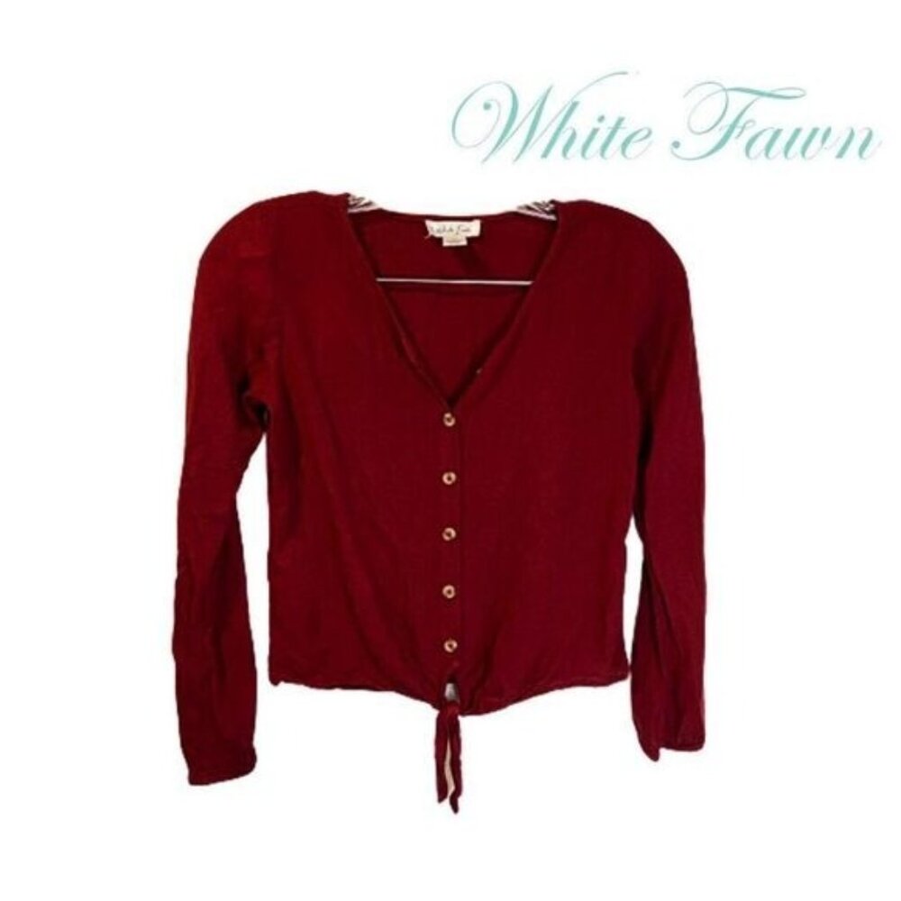 White Fawn Women's V Neck Button Down‎ Shirts Casual Long Sleeve Tie Knot